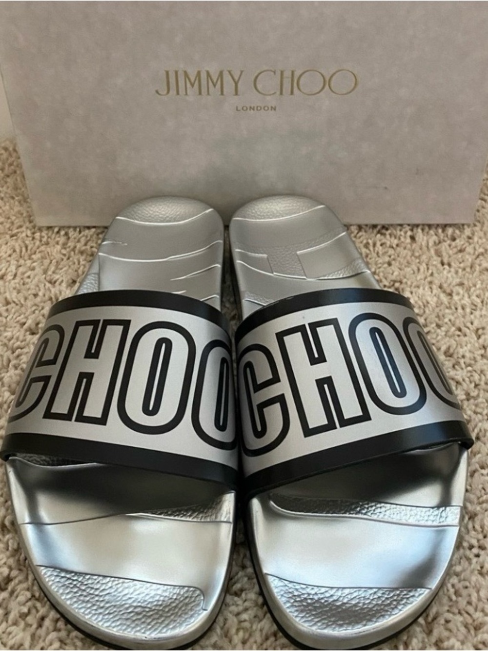 Jimmy Choo Silver and Black Logo Slide Sandals